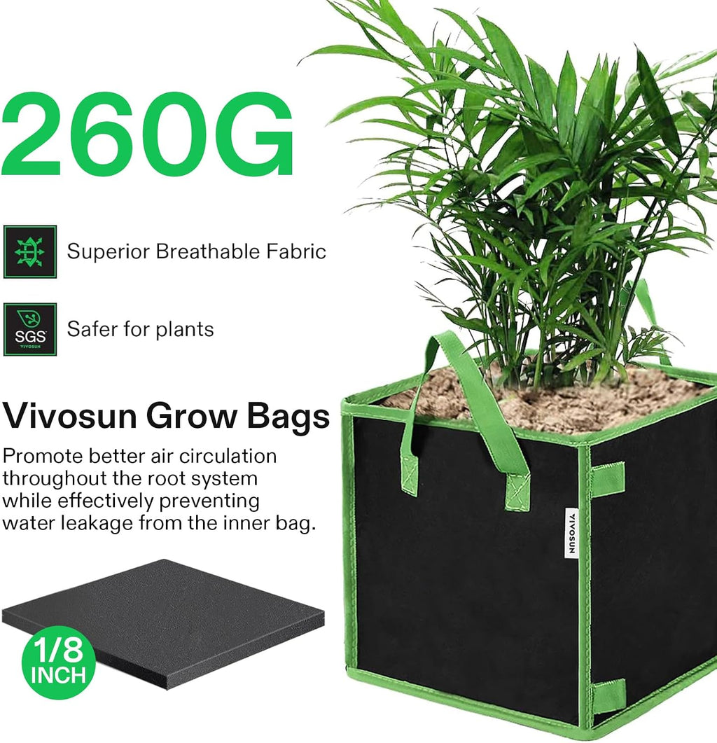 VIVOSUN 5-Pack 10 Gallon Square Plant Grow Bags with Handles | 260G Thickened Fabric, Built-In Stick Holders