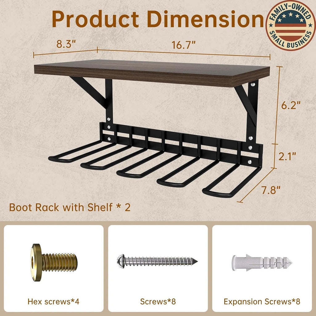 Wall Mount Boot Rack, Garden Tool Organizer With Curved Hooks & Wood Shelf | Heavy Duty Wader Boot Hangers Organizer