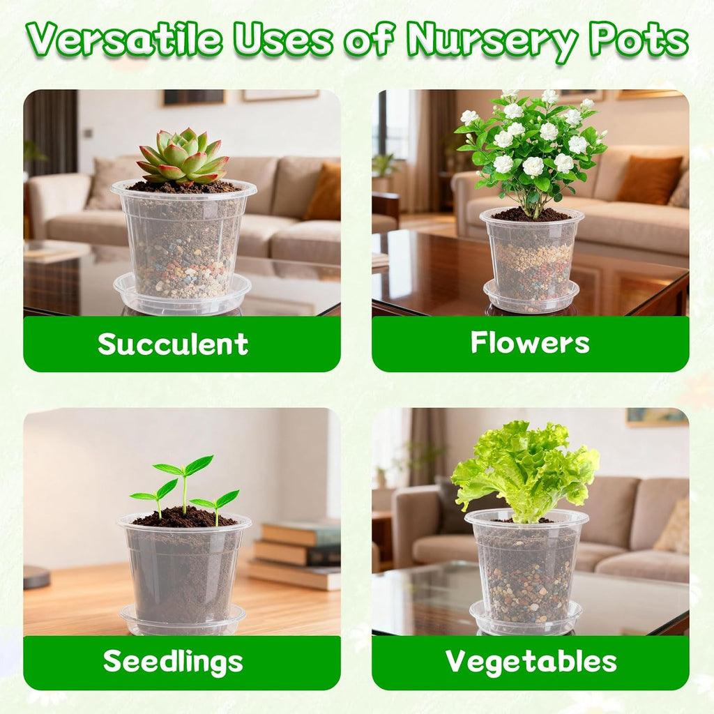 3/4/5/6/7 Inch Clear Nursery Pots with Drainage Holes and Saucers 30 Pack | Transparent Plastic Pots for Plants Flowers