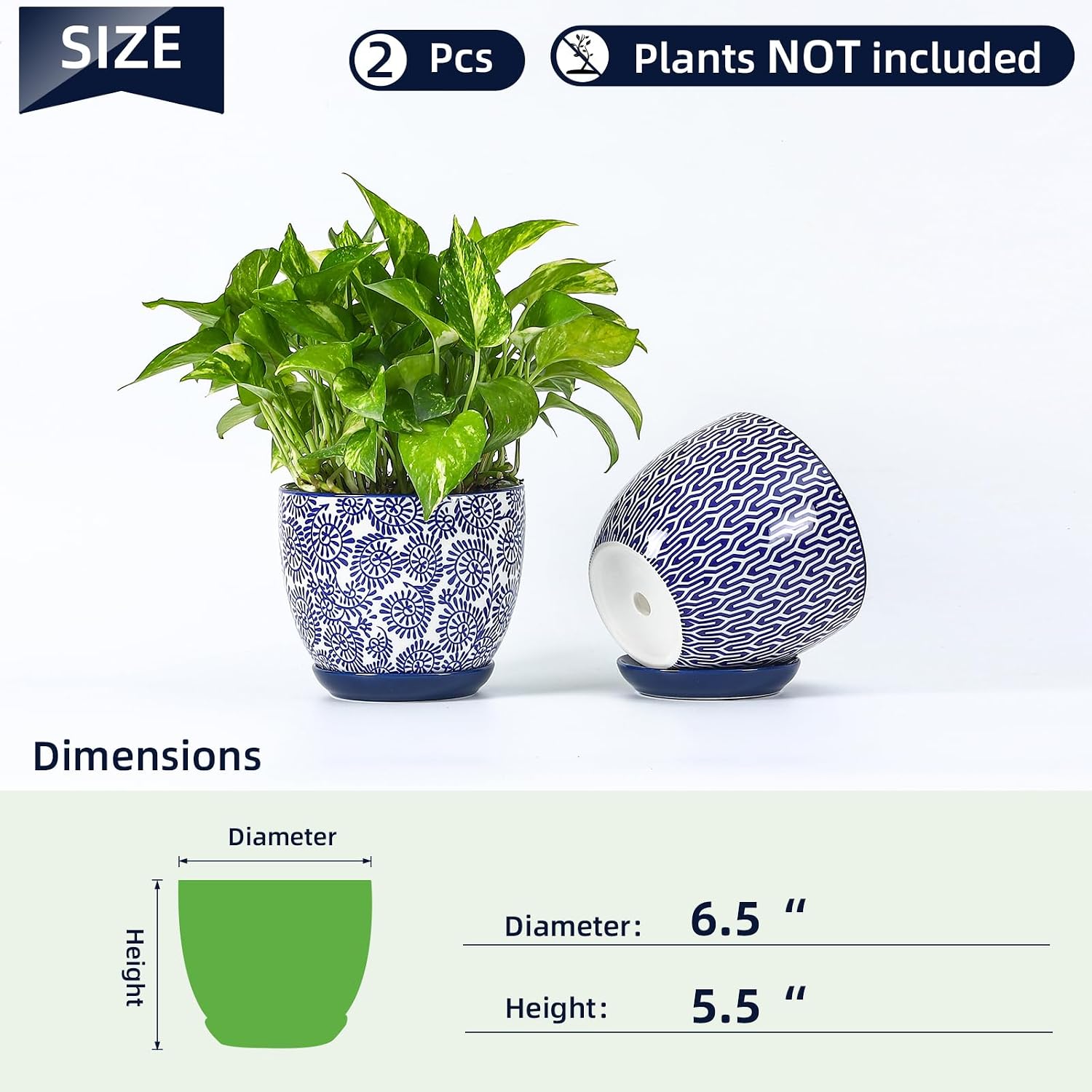 Selamica Ceramica Plant Pots, 6.5 Inch Flower Pots Set of 2 with Drainage Holes & Saucer, Planters for Indoor Plants