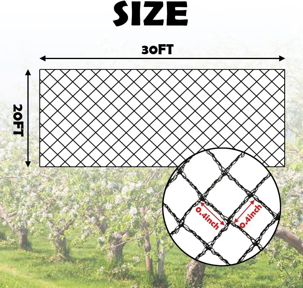 Bird Netting 20x30 Ft, 1/2In Mesh Garden Bird Netting, Fruit Tree Netting | Heavy Duty Woven Mesh Garden Netting, Pest