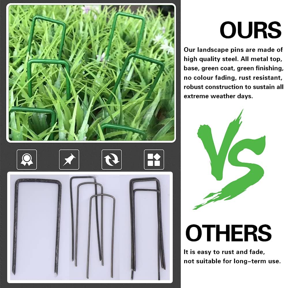 Bakulyor 100Pcs Green Landscape Staples 6 Inch Garden Artificial Turf Stakes Staples, 11 Gauge Lawn Galvanized Ground