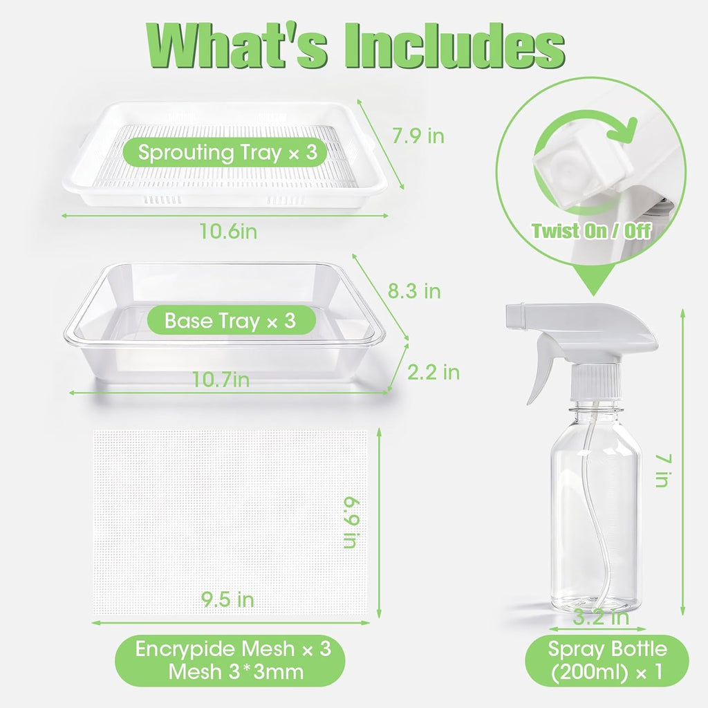 3 Pack Hard Acrylic Microgreens Growing Trays, Visual Soilless Sprouting Kit with Silicone Mats & Spray Bottle, Seed