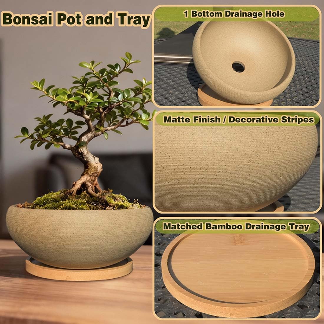 MUZHI 2 Pack 8+6 Inch Plant Pot - Natural Unglazed Ceramic Bonsai Pot with Bamboo Saucer, Large Vintage Clay Shallow
