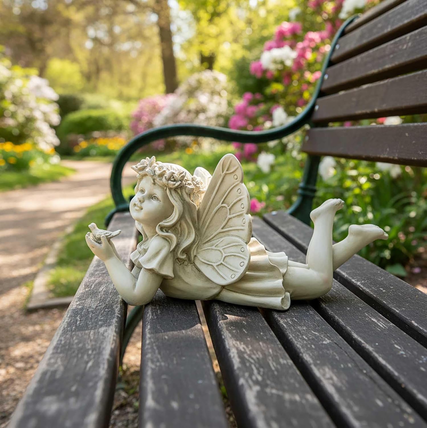 Fairy Garden Statue Holding Bird, Resin Outdoor Decor, 11.02 Inch | Hand-painted resin fairy figurine with bird and