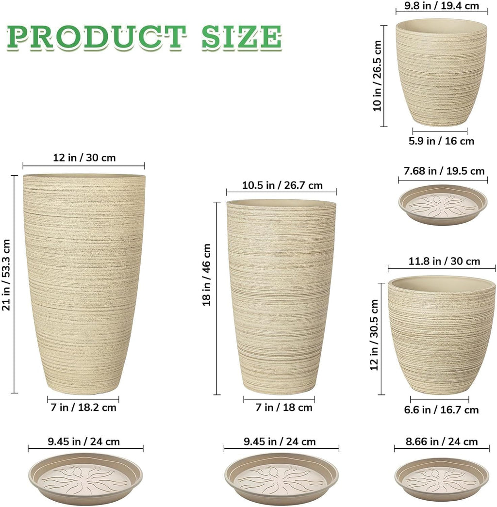 ZMTECH 4 Pack Plastic Planters 21/18/12/10in, Beige Faux Stone Finish Round Flower Pots with Drainage Holes & Saucers