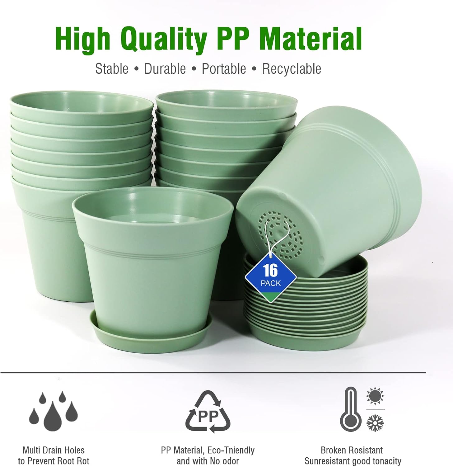 WOUSIWER 16 Pack 6 inch Plastic Planters, Plastic Indoor Planter Flower Pots, Heavy Duty and Stylish 6 Inch Plant Pots