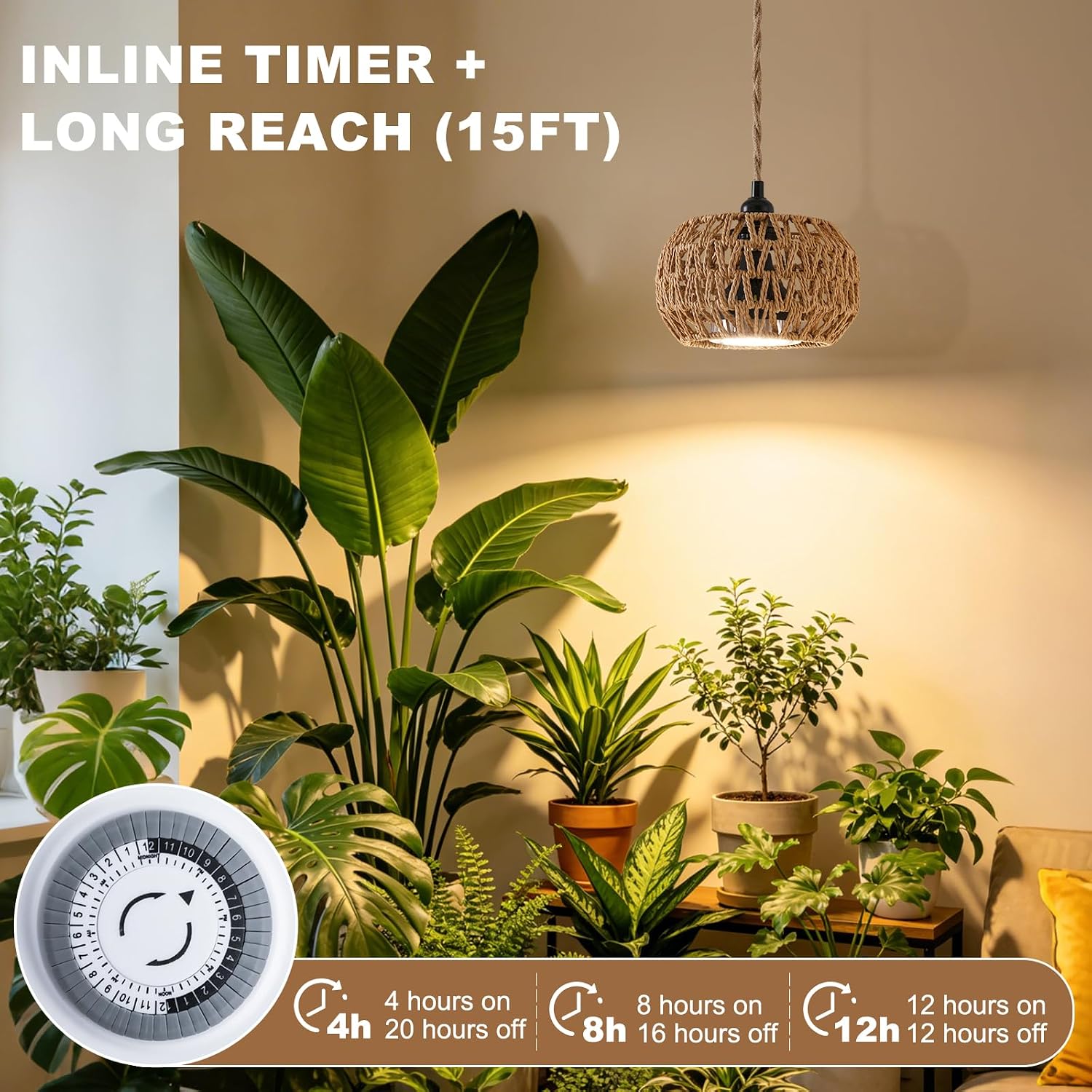 Grow Lights for Indoor Plants, Boho Plants Light, with 24H Timer and 15FT Power Cord, 30W Pendant Plant Lights for