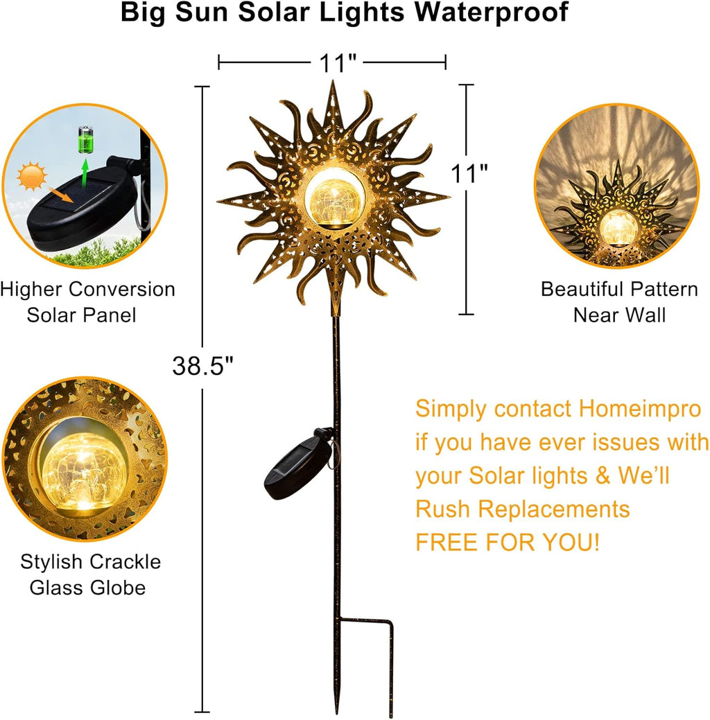 Large Sun Solar Garden Decor Lights Outdoor Garden Gifts Mom Dad, Crackle Glass Metal Stake Backyard Decor, Waterproof
