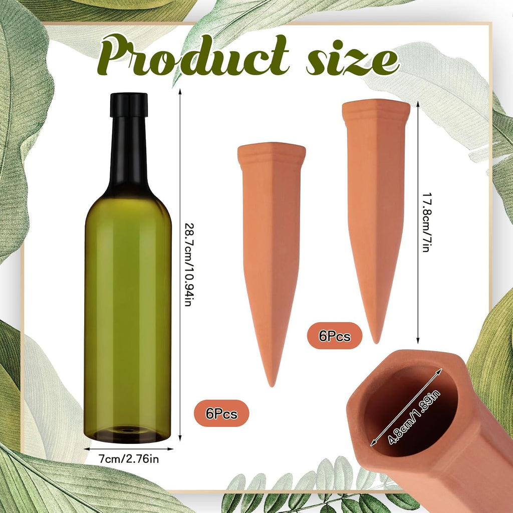 SiliFine 6 Sets Terracotta Watering Spikes,Emerald Green and Terracotta | 26 oz Bottles for Slow Release Watering, Self