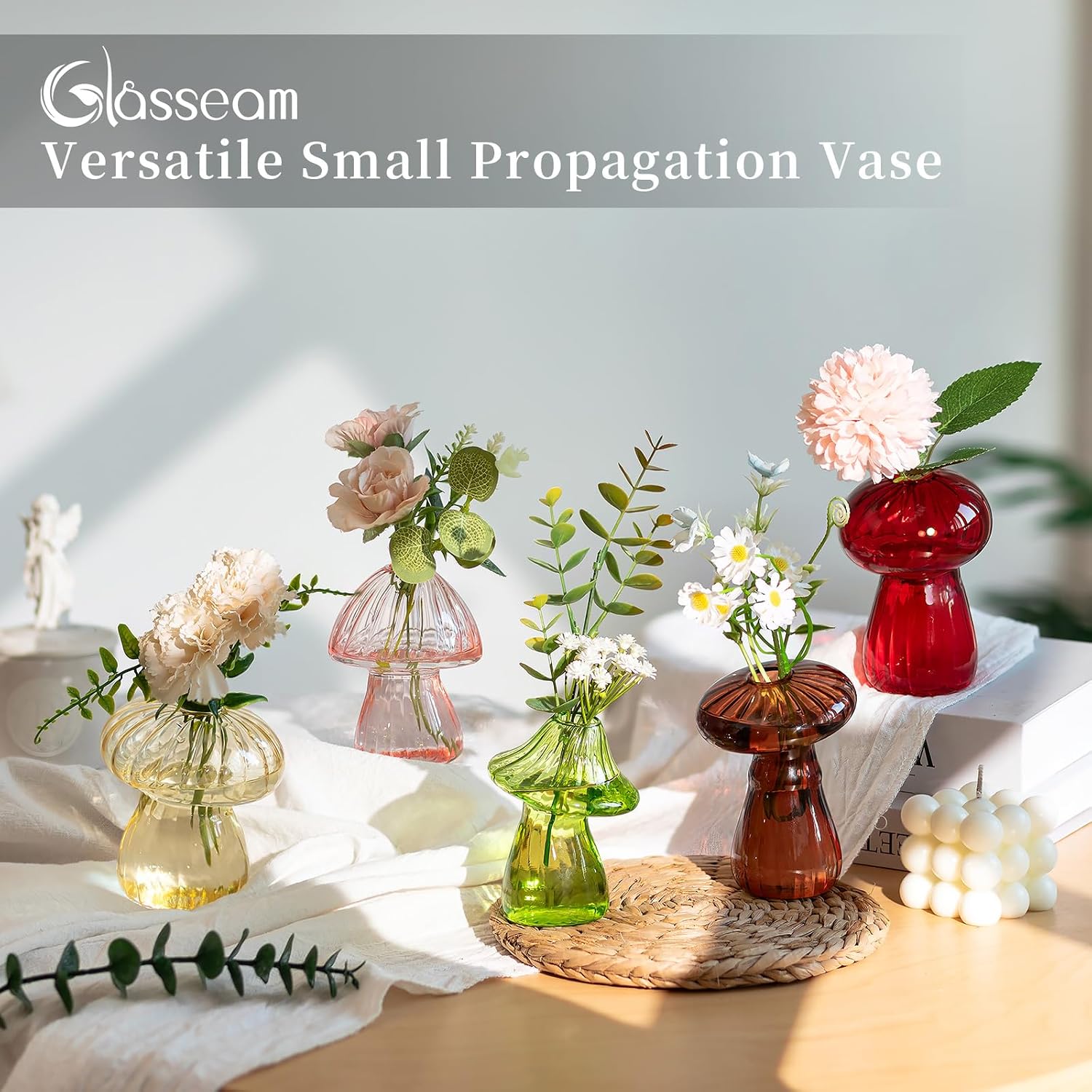 Glasseam Mushroom Plant Propagation Station, Set of 5 Glass Terrarium Jars | Colorful Handmade Small Hydroponic