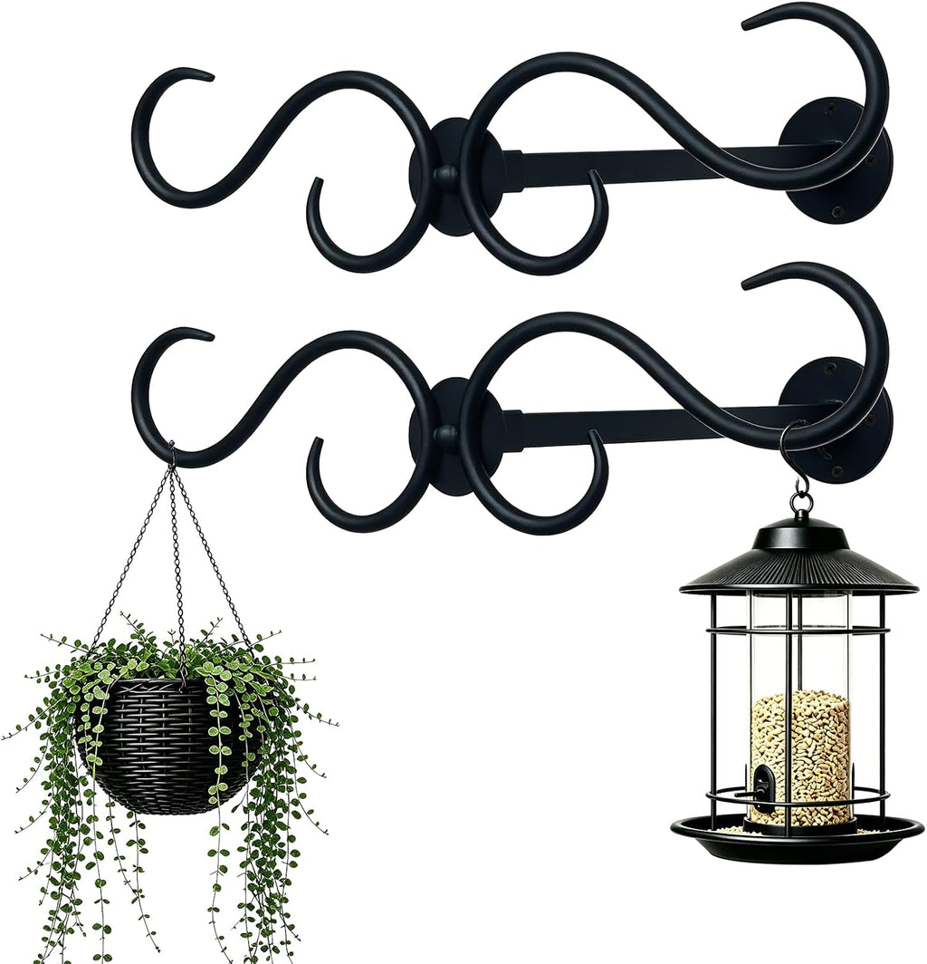 Wall Mount Double Shepherds Hook for Outdoor Bird Feeder & Planter, Heavy Duty Bracket with 12" Standoff, Rustproof