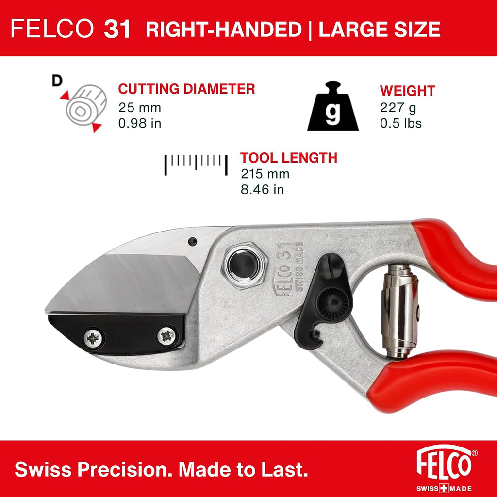 Felco F31 Pruning Shears – 8.3" Garden Clippers with Anvil Blade for Dry & Hard Wood | Hand Pruner for Gardening