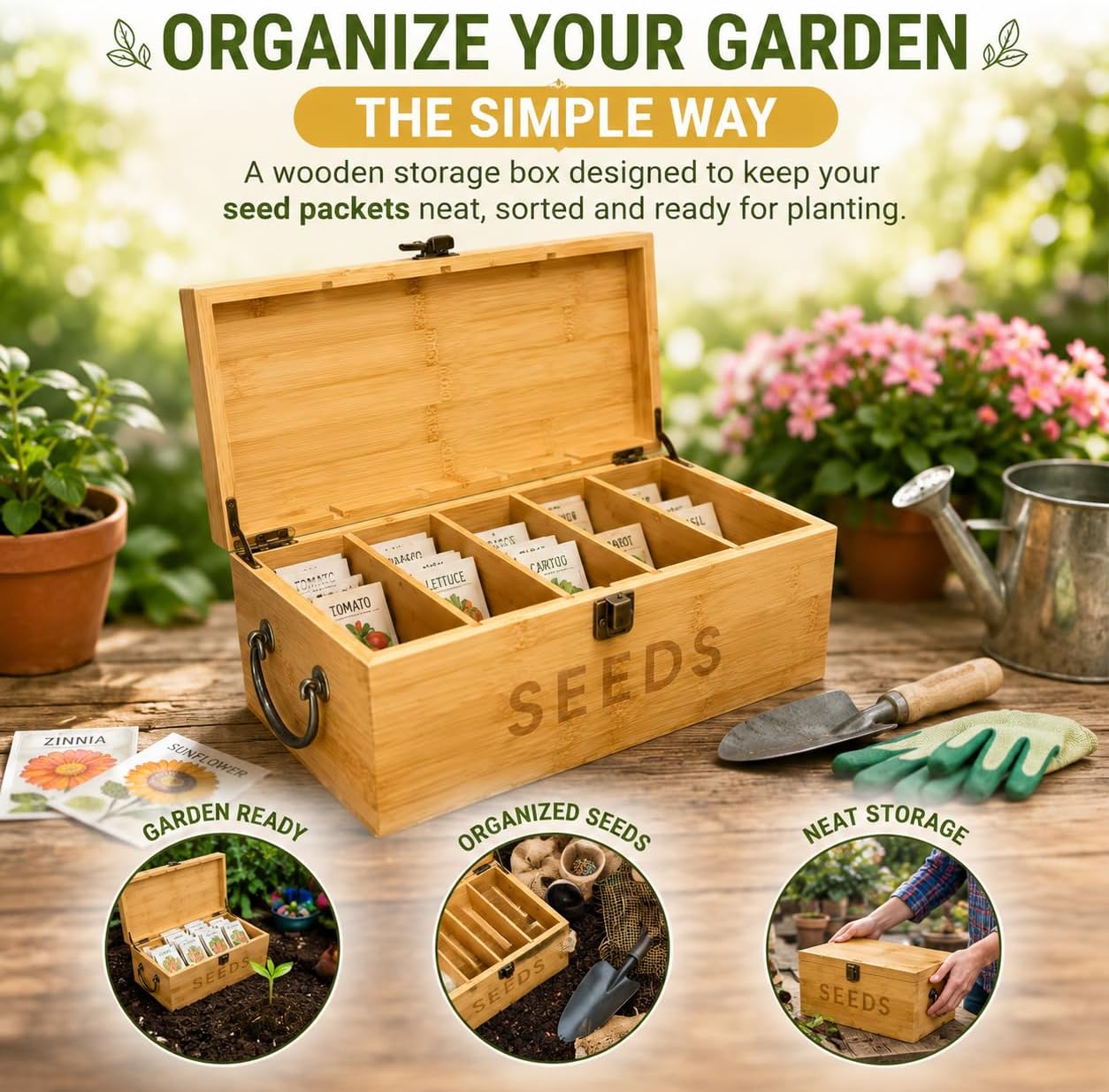 Bamboo Garden Seed Storage Organizer Box, Wooden Seed Box with Removable Dividers, Metal Handle and Latch, Seed Keeper