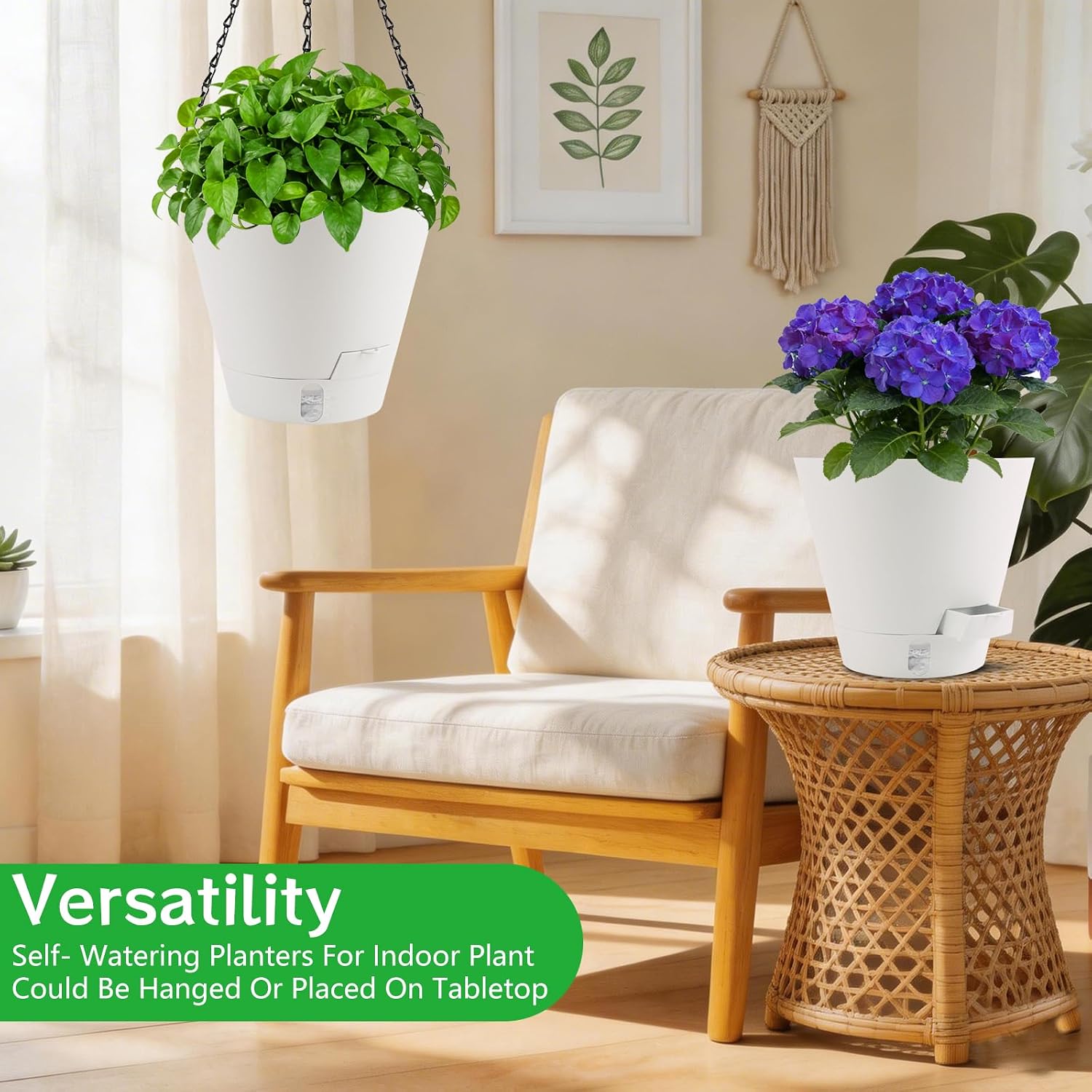 8 Inch Hanging Planters Indoor Outdoor, 3 Pack Plastic Self Watering Plant Pots with Drainage Holes & Saucers, Hanging