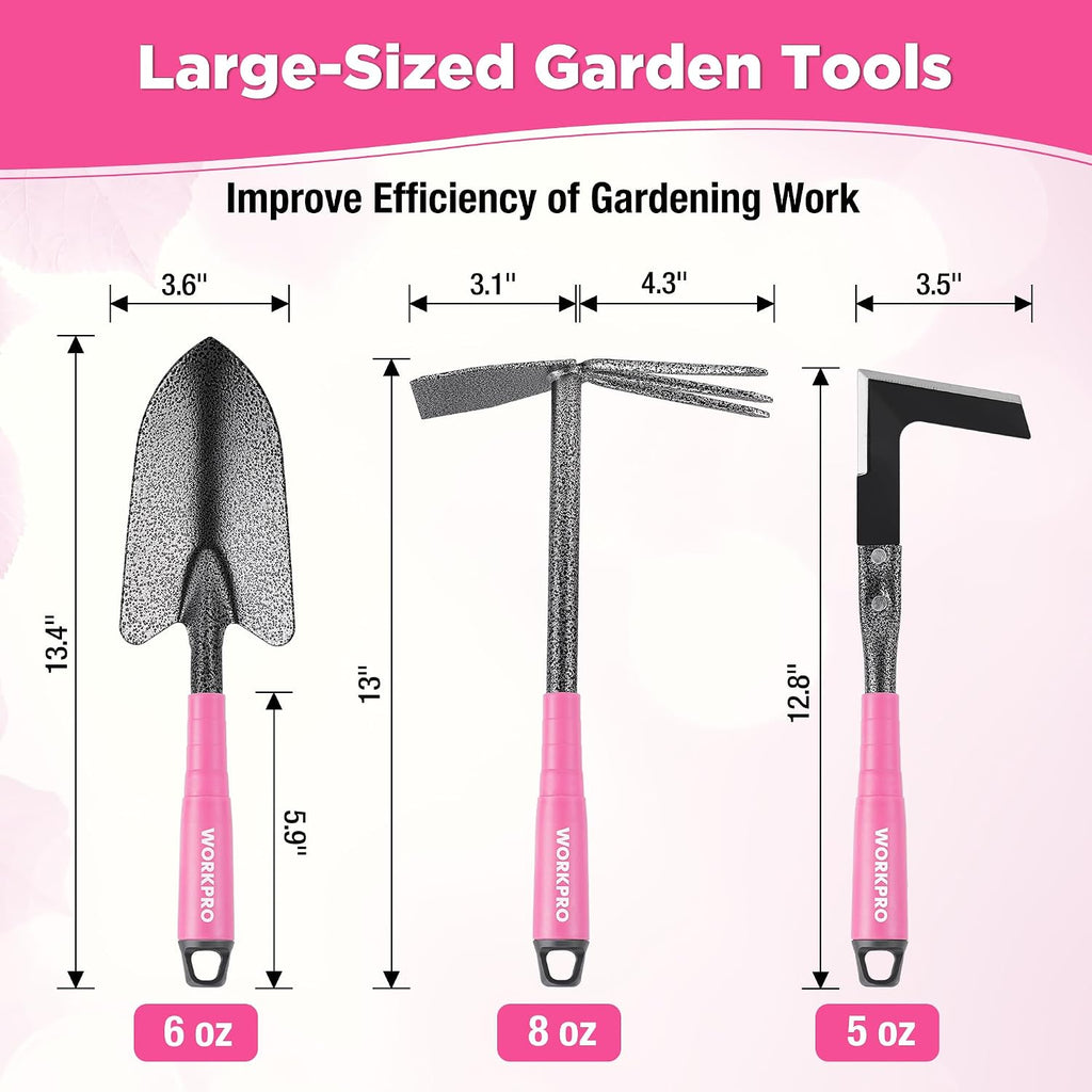 WORKPRO 6-Piece Pink Garden Tool Set | Heavy Duty Gardening Hand Tools with Soft Rubber Handle, Including Trowel