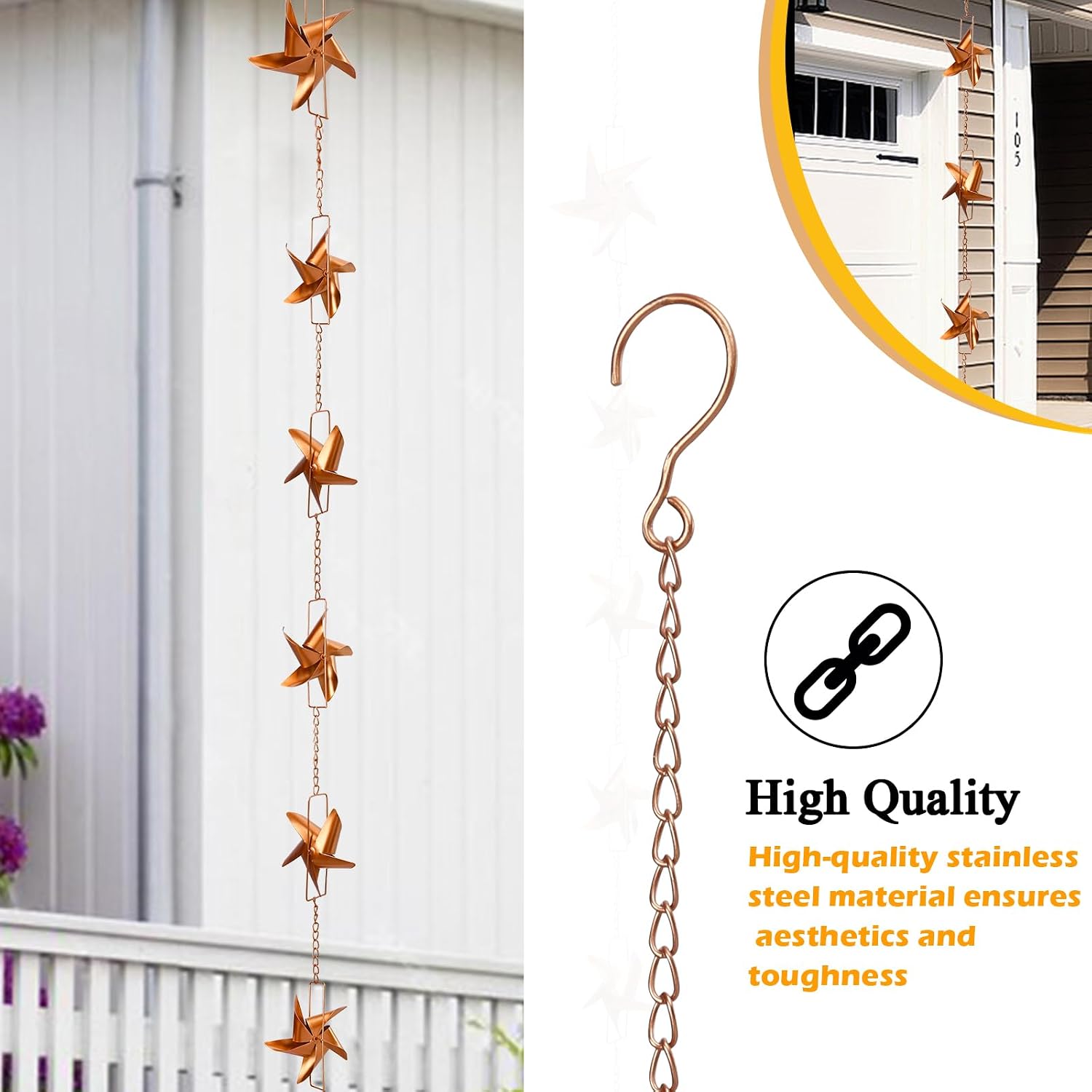 taman 6 FT Rain Chain for Gutters, Adjustable Windmill Rain Catcher Chain | Metal Rain Chain with 6 Cups, Durable