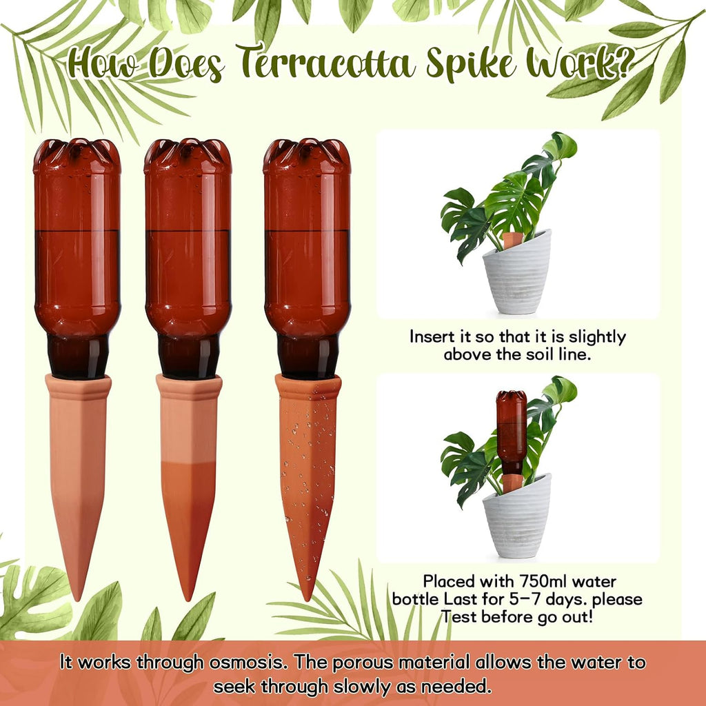 SiliFine 6 Sets Terracotta Self Watering Spikes with 26 oz Plastic Bottles, Plant Watering Devices Slow Release