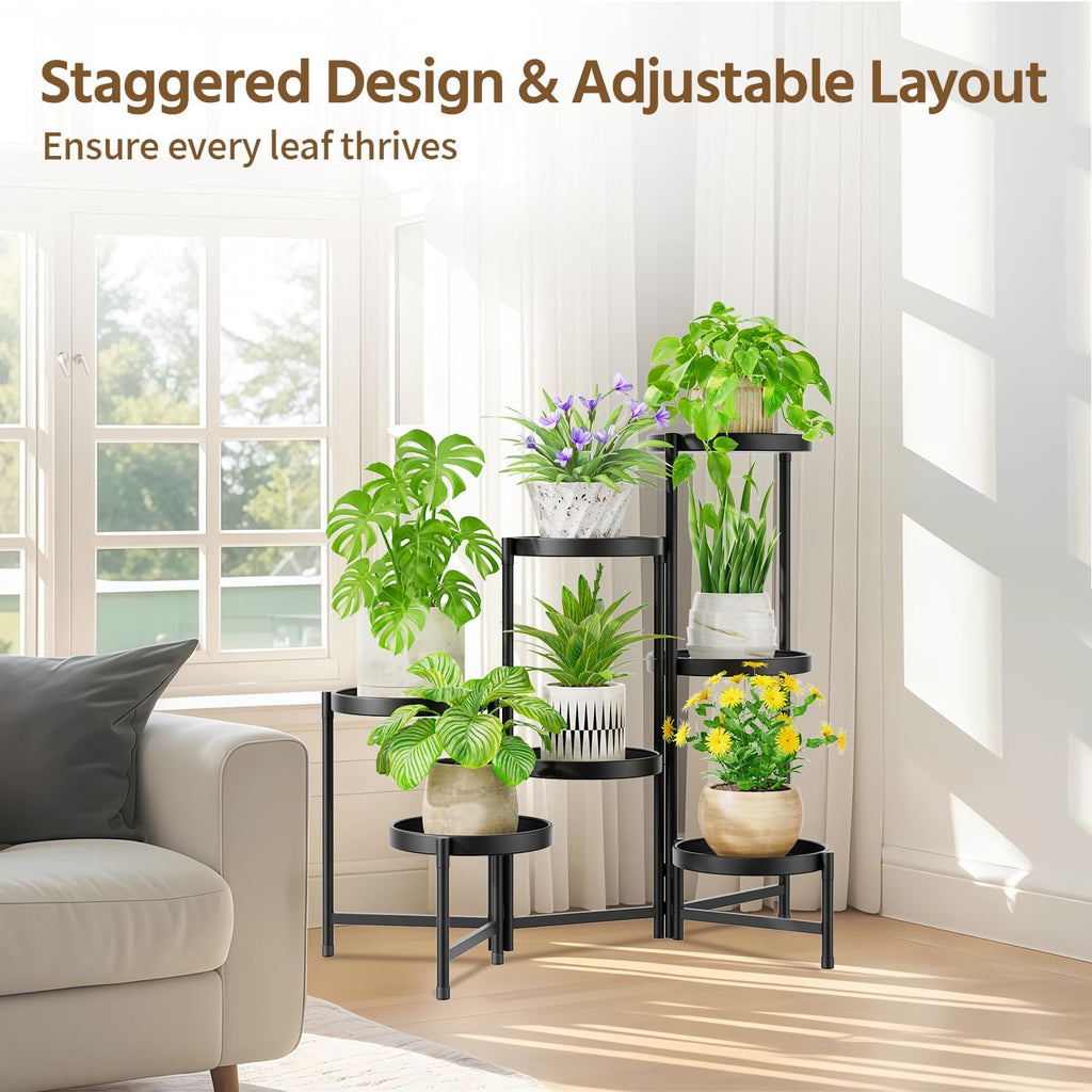 LASZOLA Plant Stand Indoor with 10 Inch Large Metal Tray, 7 Tier Black | Corner Tall Folding Flower Display Rack