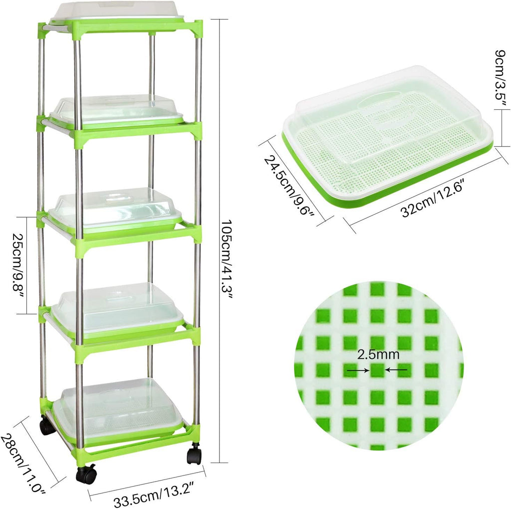5 Layers Seed Sprouter Trays with Lids and Stainless Steel Shelf | Soil-Free Cultivation, BPA Free PP, Seed Starter