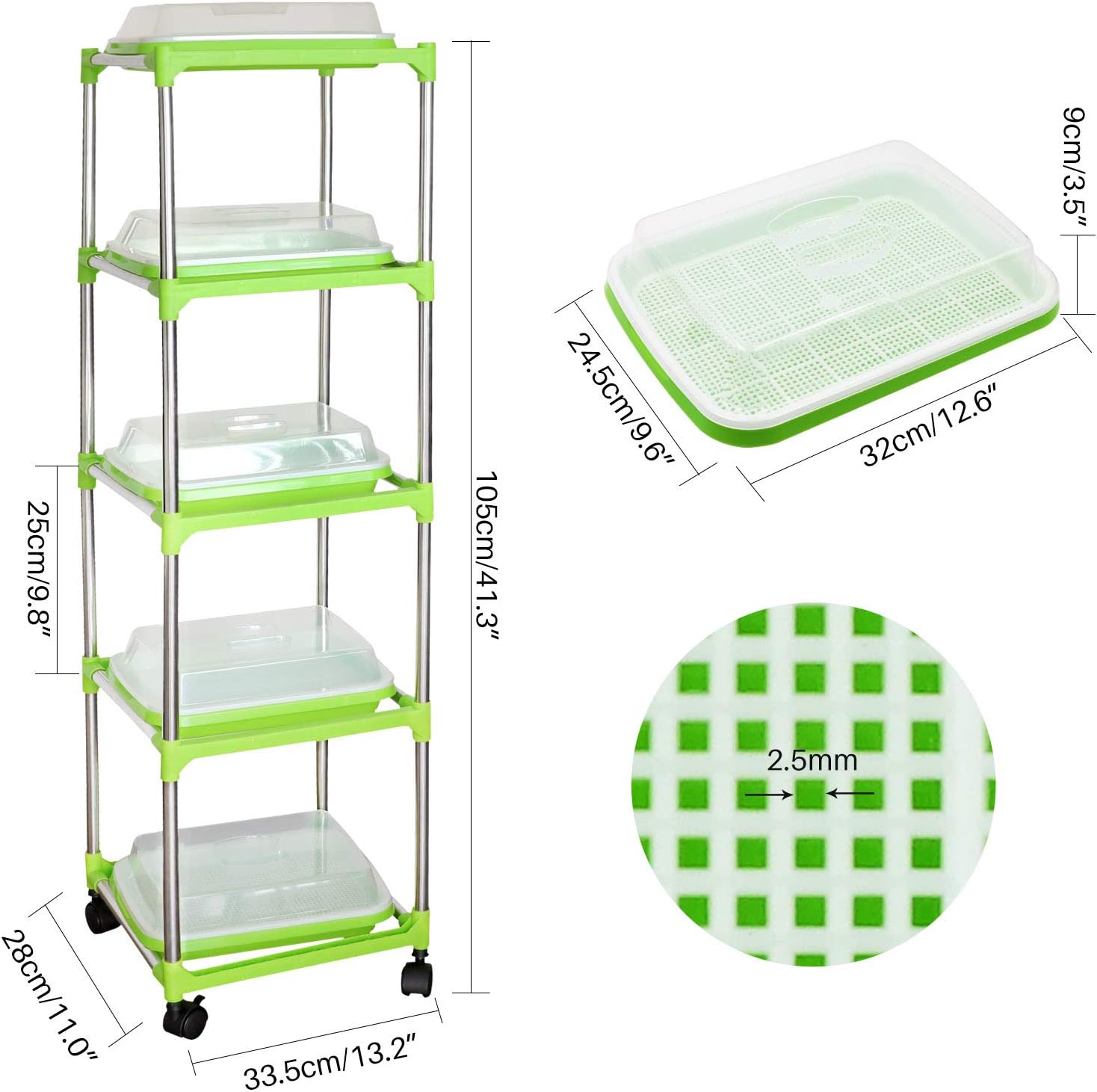 5 Layers Seed Sprouter Trays with Lids and Stainless Steel Shelf | Soil-Free Cultivation, BPA Free PP, Seed Starter
