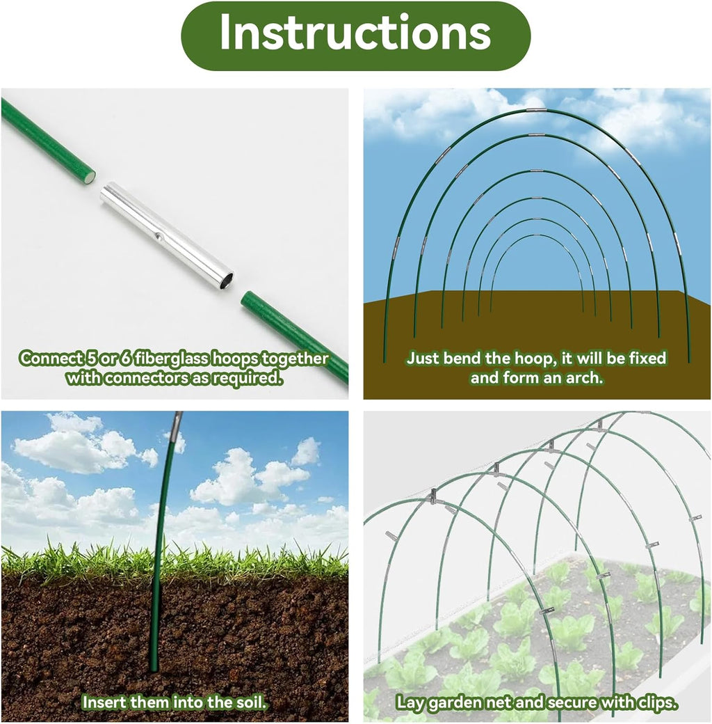Garden Netting Kit for Raised Beds, 10x30FT Ultra Fine Mesh Netting＆ 6 Sets of 8FT Fiberglass Garden Hoops, Row Cover