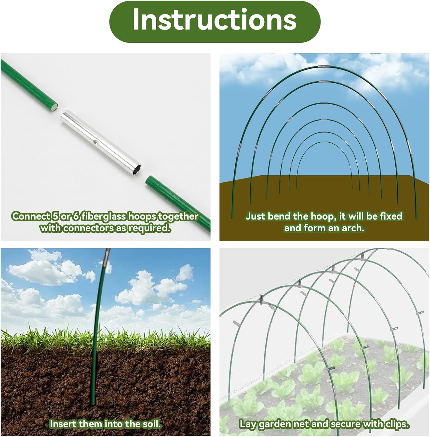Garden Netting Kit for Raised Beds, 10x30FT Ultra Fine Mesh Netting＆ 6 Sets of 8FT Fiberglass Garden Hoops, Row Cover