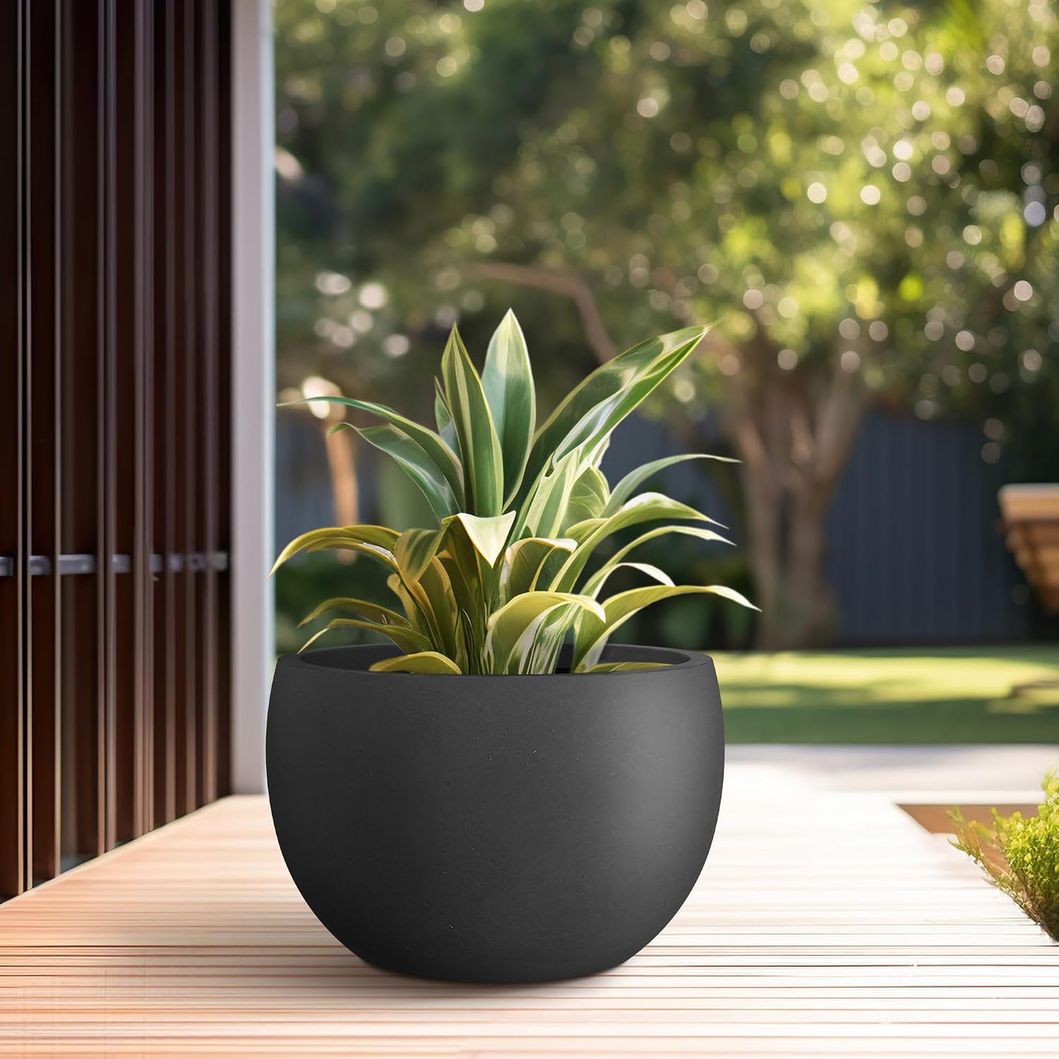 Kante Accent Round Bowl Black Concrete Planter 14.8" Dia, Outdoor | Rubber Plug for Indoor, Drainage for Garden