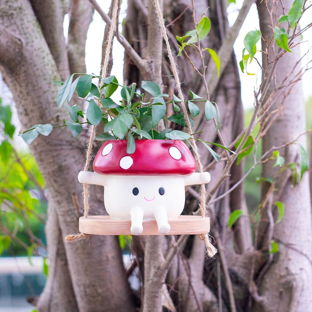 2pcs Mushroom Smily Swing Face Planter Pot Resin (Red&Yellow) | Cute Hanging Resin Flower Head Planter for Indoor