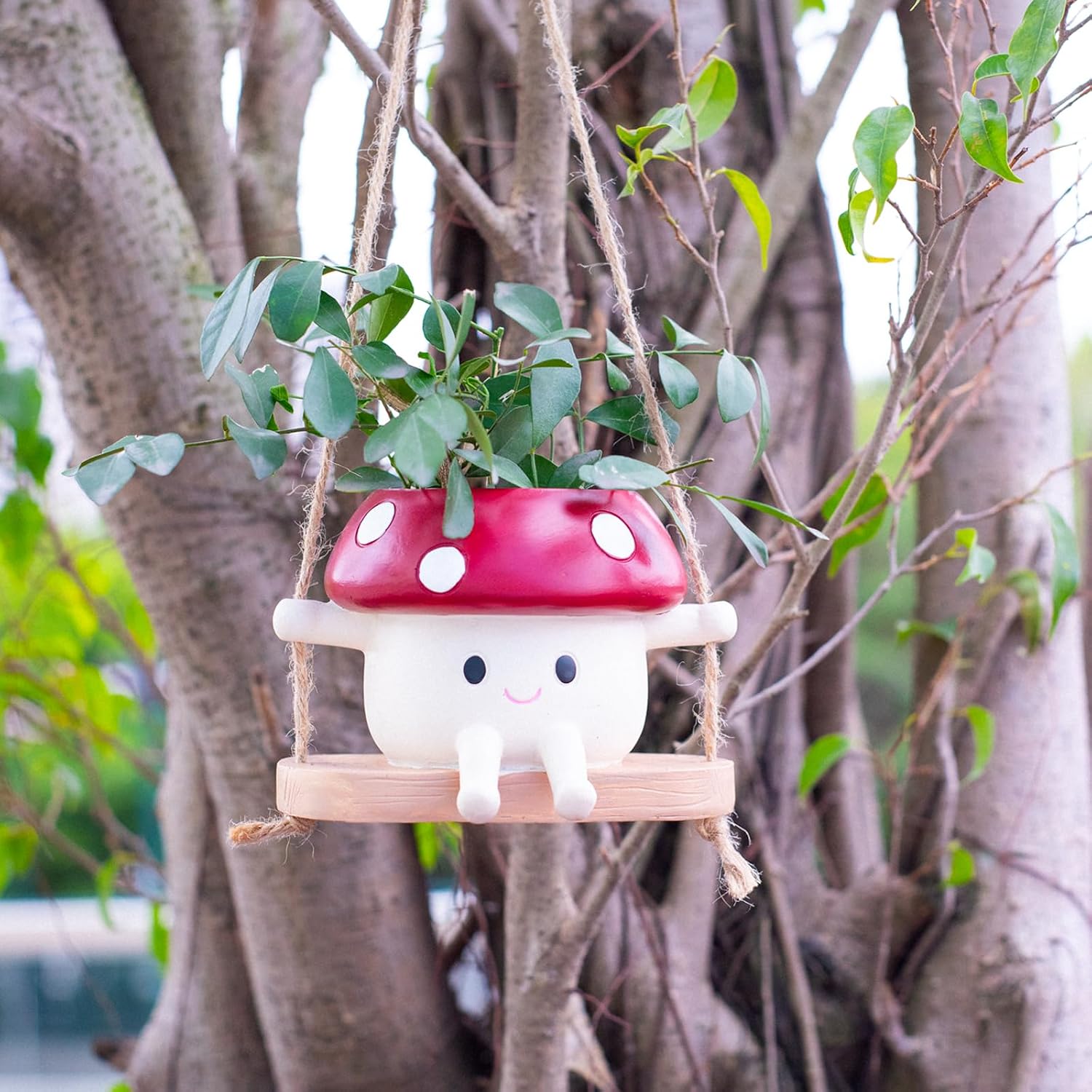 2pcs Mushroom Smily Swing Face Planter Pot Resin (Red&Yellow) | Cute Hanging Resin Flower Head Planter for Indoor