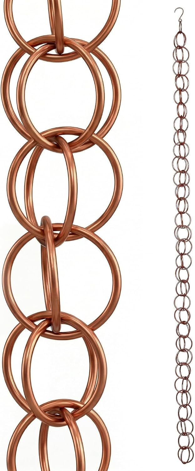 Topadorn 7.7FT Copper-Tone Double Ring Rain Chain | Modern Decorative Metal Downspout Replacement, Adjustable Outdoor