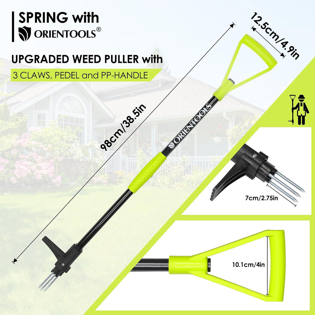 ORIENTOOLS Weed Puller Stand Up Weeder Hand Tool with 3 Claws for Dandelion, Steel Twist Hand Weed Root Pulling Tool