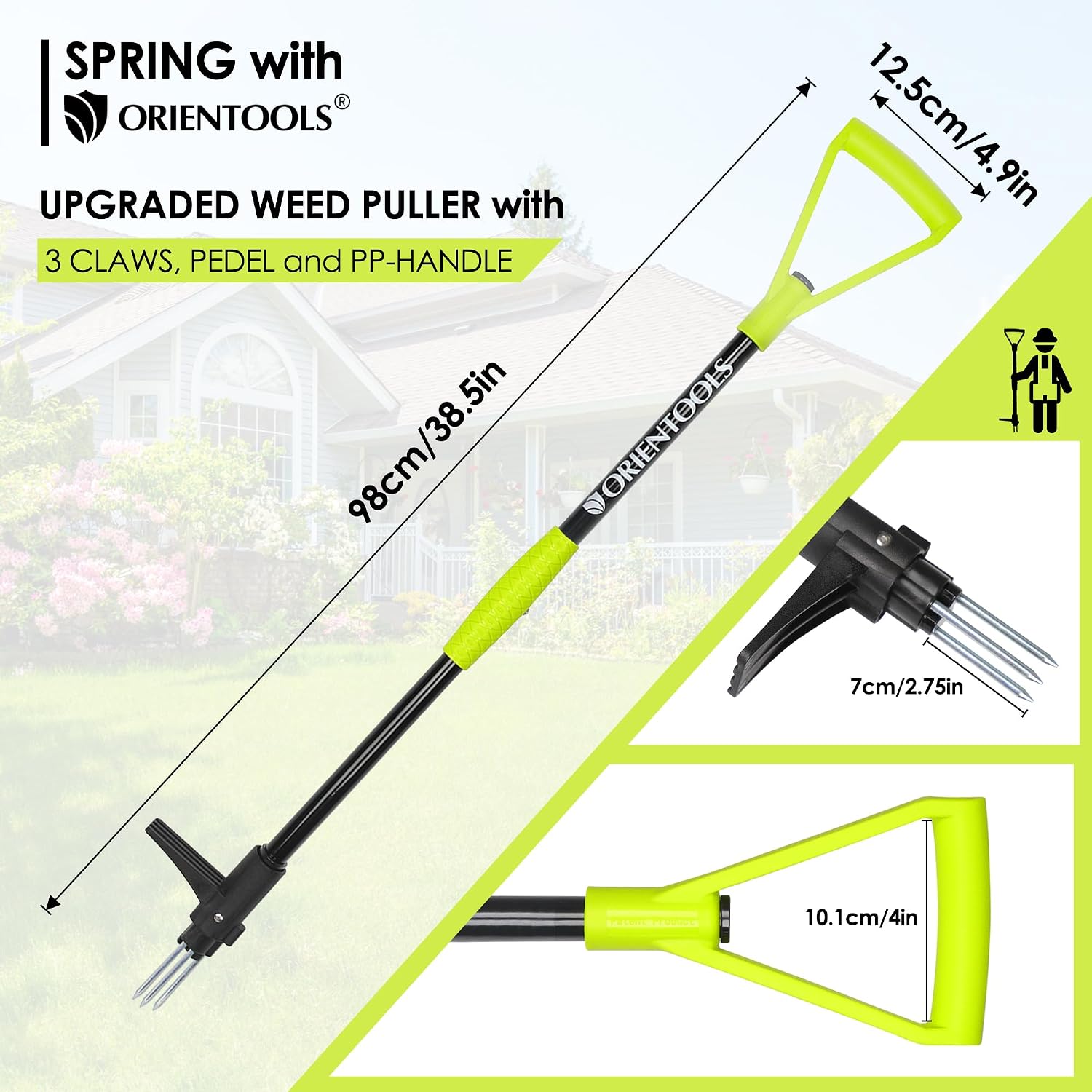 ORIENTOOLS Weed Puller Stand Up Weeder Hand Tool with 3 Claws for Dandelion, Steel Twist Hand Weed Root Pulling Tool