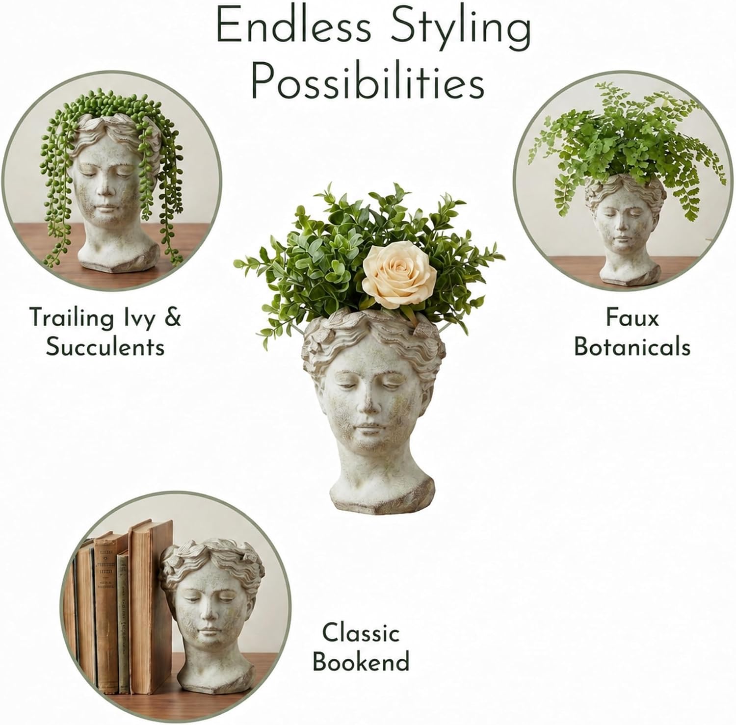 Greek/Roman Style Female Statue Head Cement Planter (Style 1) | Beautiful Woman's Head Pot for Indoor Home Decor or