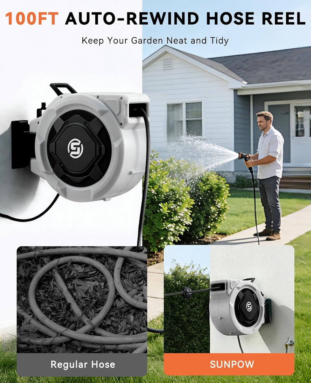 SUNPOW Retractable Garden Hose Reel - 1/2" x 100ft Wall Mounted Hose Reel with 3/4'' Brass Fitting & 10-Pattern Nozzle