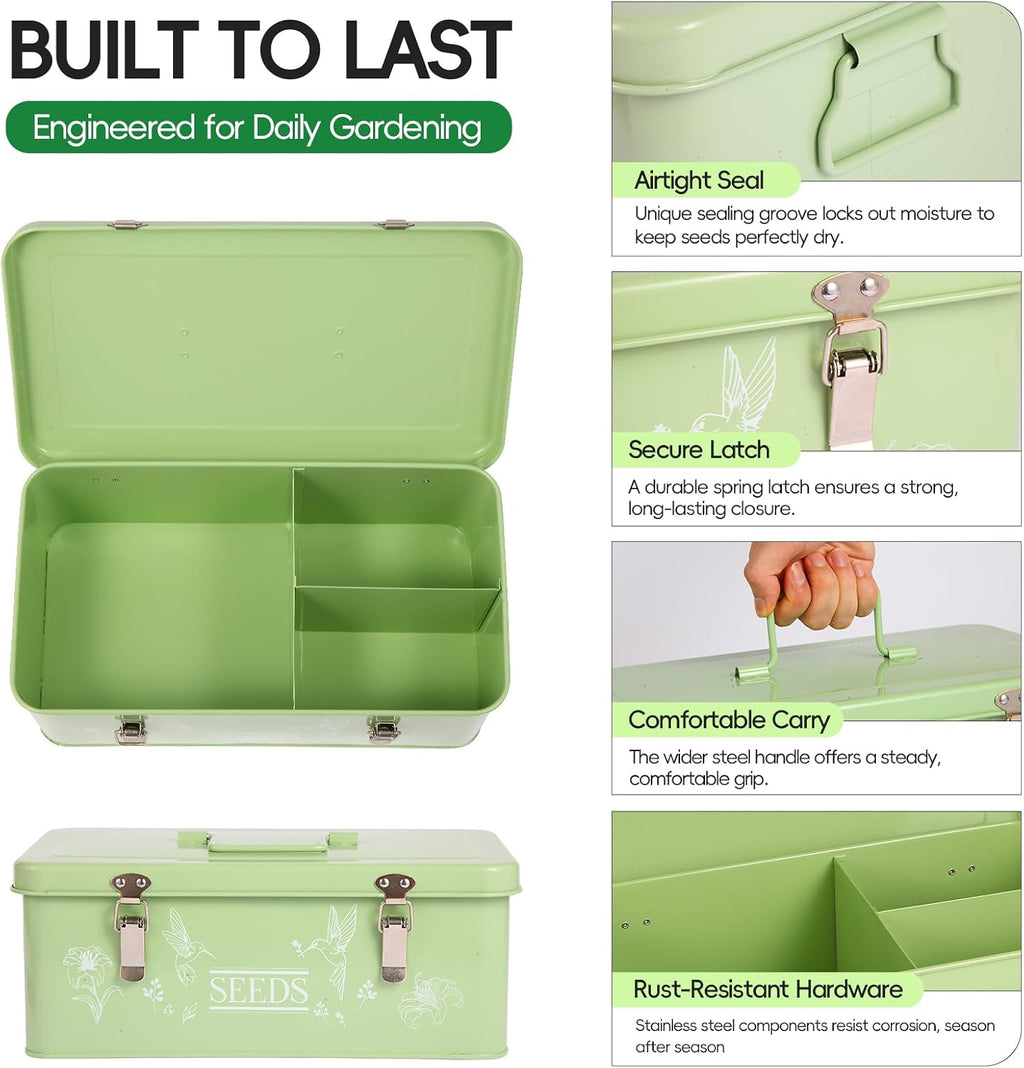 60 Slots Seed Organizer Storage Box with 3 Compartments,Large Metal Garden Seed Organizer with Lid&Safety Locks,Seed