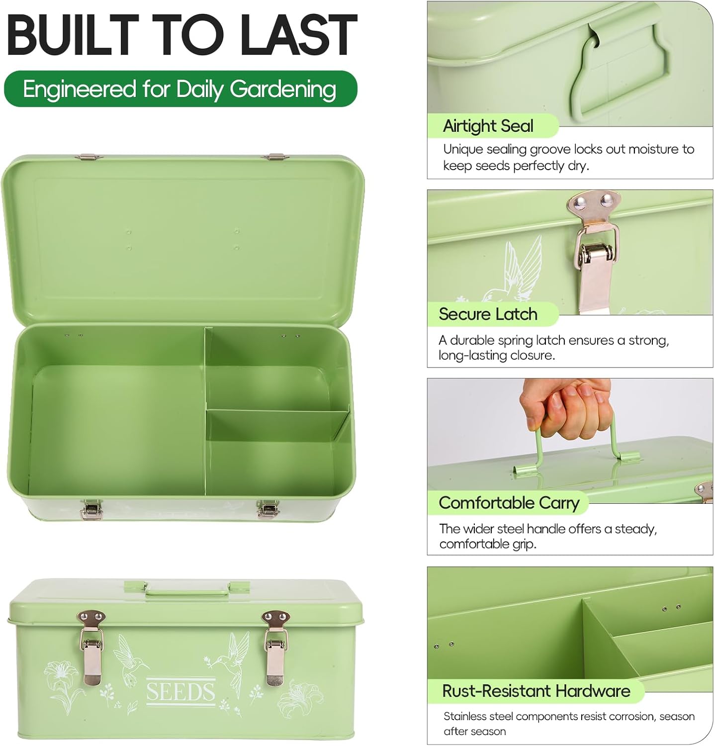 60 Slots Seed Organizer Storage Box with 3 Compartments,Large Metal Garden Seed Organizer with Lid&Safety Locks,Seed
