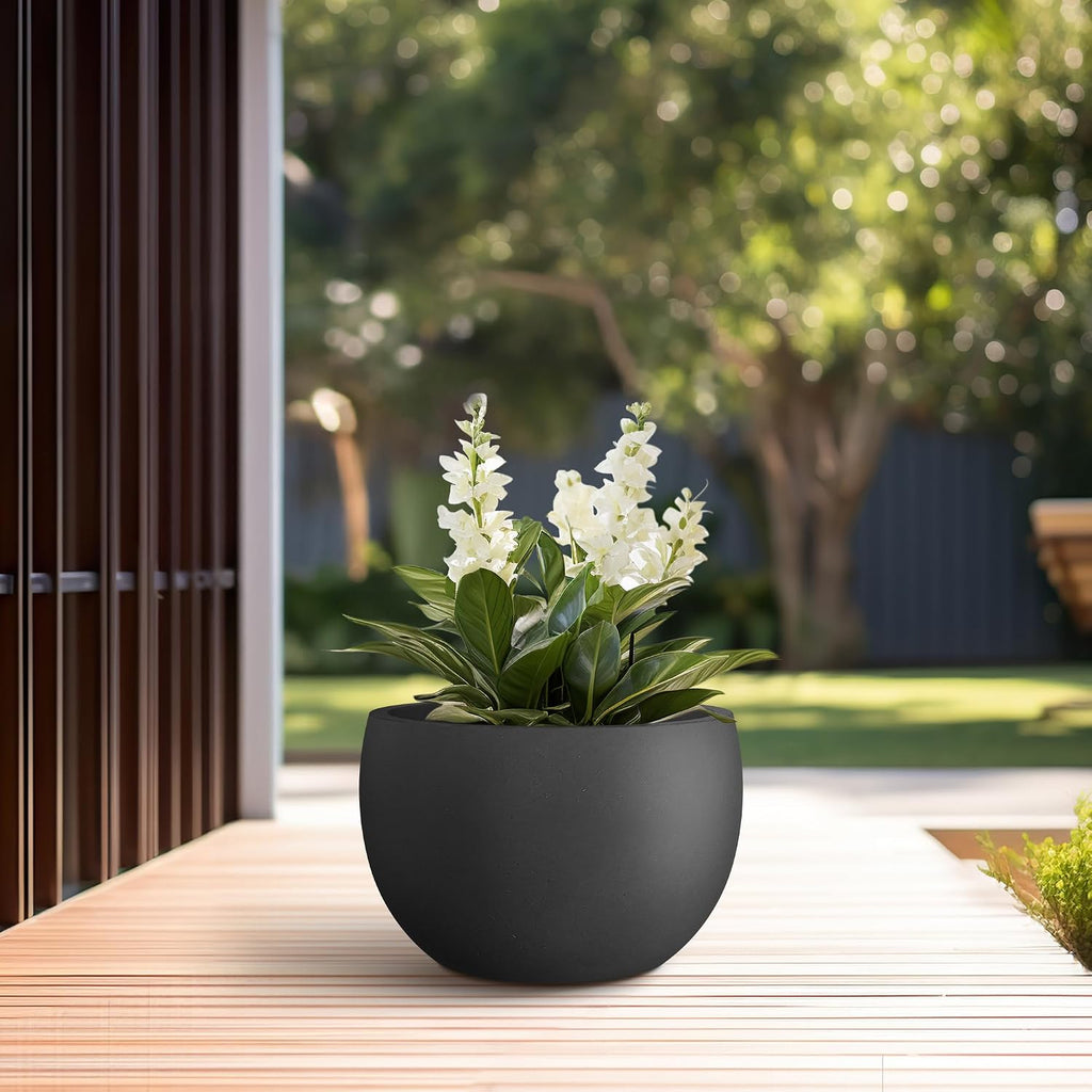 Kante Small Round Bowl Black Concrete Planter 11.8" Dia, Outdoor | Rubber Plug for Indoor, Drainage for Garden