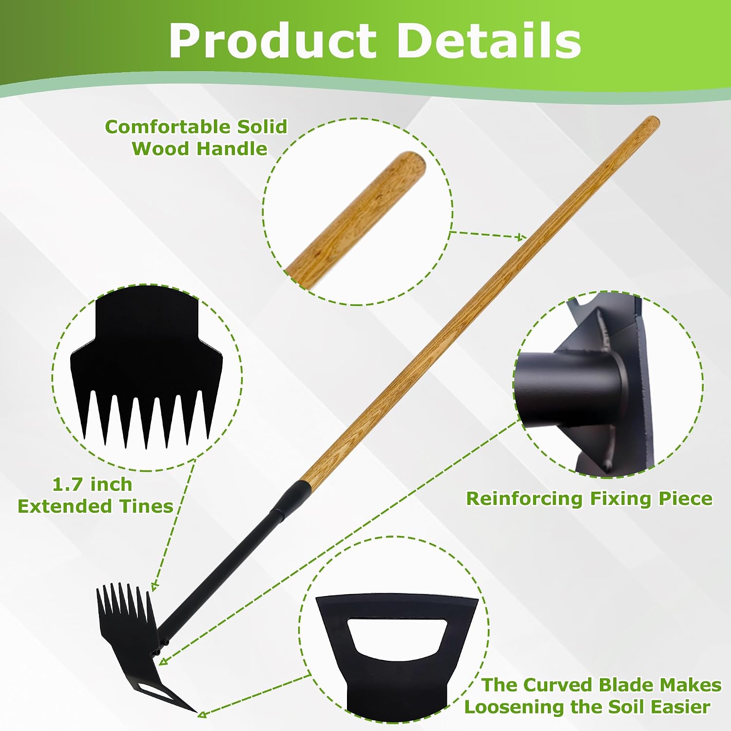 60" Wood Handle Weed Puller Tool, 7-Tine Garden Hoe, Secure Fit, No Bending | Weed Remover Tool & Weed Hoe for Yard