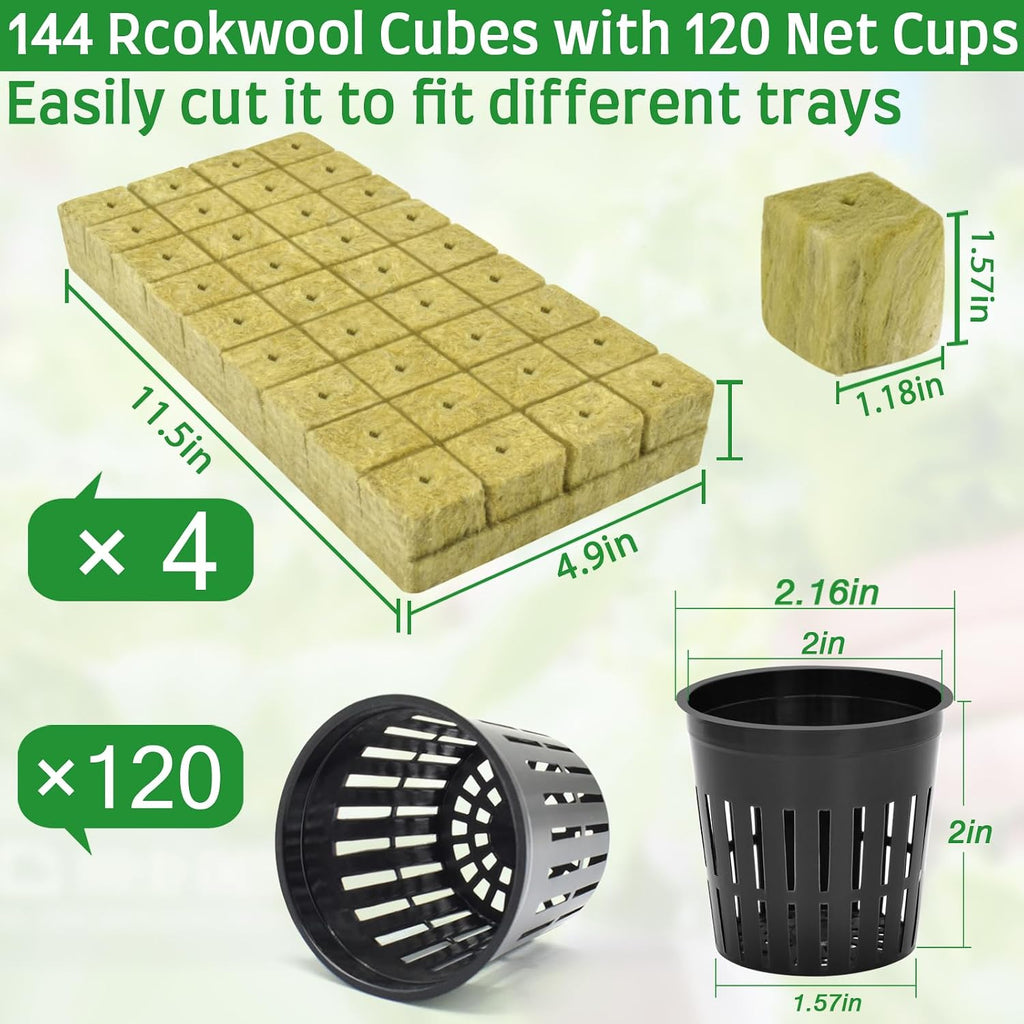 Halatool 144PCS 1.2" Rockwool Cubes & 120PCS 2" Net Cups for Hydroponics | Rockwool Garden Starter Plugs, Hydroponics