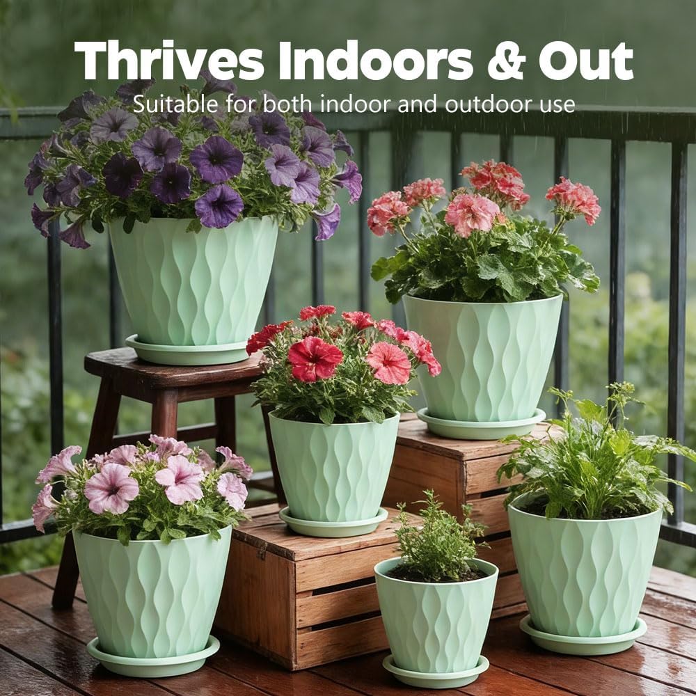 Plant Pots, Self Watering Planters with Drainage Holes and Trays, Flower Pots for Indoor Outdoor - 6 Pack(4/5/6/6.5/7/8