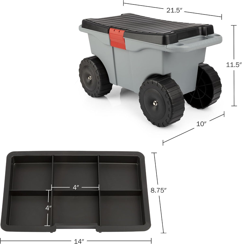Pure Garden Rolling Garden Cart with Seat, Gray | Plastic Gardening Stool Bench with Interior Garden Tool Storage Tray
