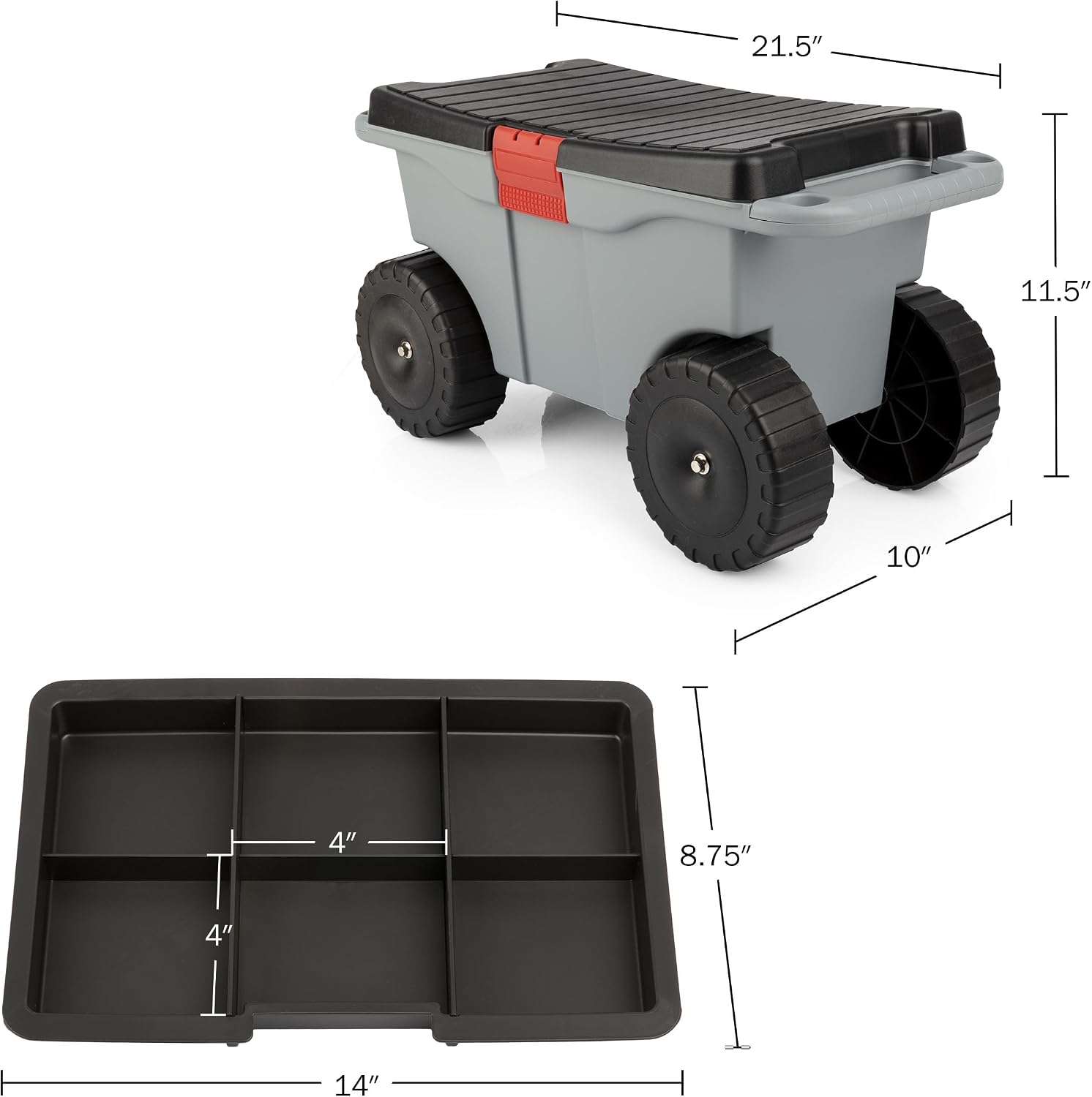 Pure Garden Rolling Garden Cart with Seat, Gray | Plastic Gardening Stool Bench with Interior Garden Tool Storage Tray
