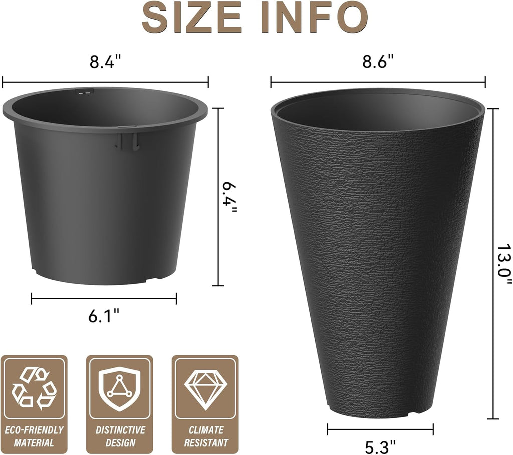 Kante Set of 2 Black Plastic Round Planters 13" Tall Home & Outdoor | Tapered, Nursery Pot & Outer Cachepot, Indoor