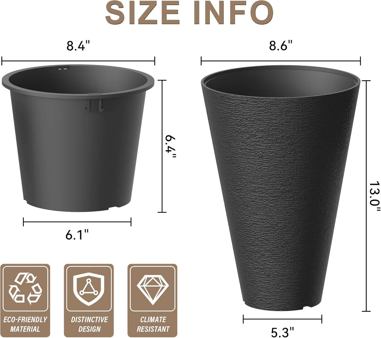 Kante Set of 2 Black Plastic Round Planters 13" Tall Home & Outdoor | Tapered, Nursery Pot & Outer Cachepot, Indoor