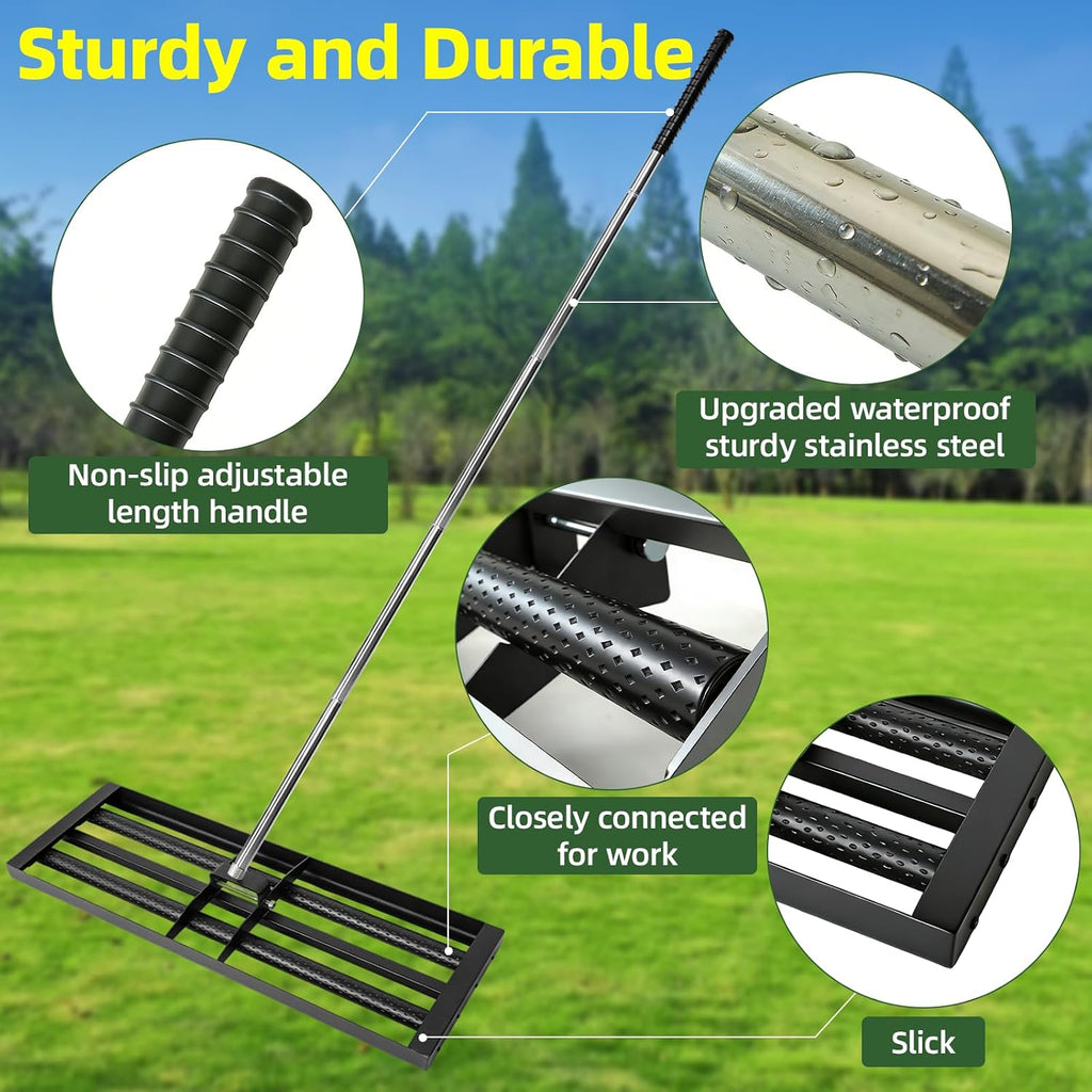 Updated Lawn Leveling Rake 17"×10" with 2 Steel Rollers, 6.5ft Handle | Effort-Saving Lawn Leveler, Yard Leveling Rake
