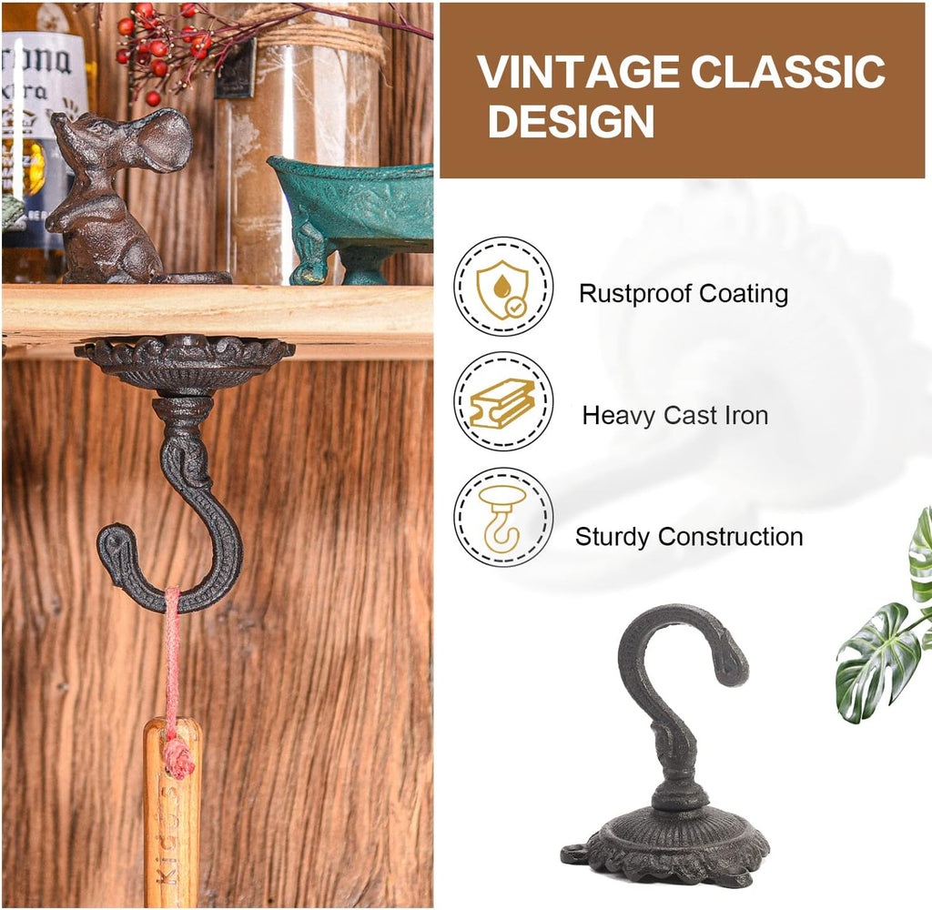 Sungmor Heavy Duty Cast Iron Ceiling Hooks - 2PC Black, 3.5x3.9Inch Decorative Plant Hangers, Indoor Outdoor Swag Hooks