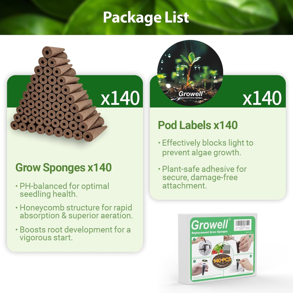 Growell 280Pcs Hydroponic Pods Kit, Seed Starter Refill for Indoor Garden | 140 Grow Sponges & 140 Pod Labels