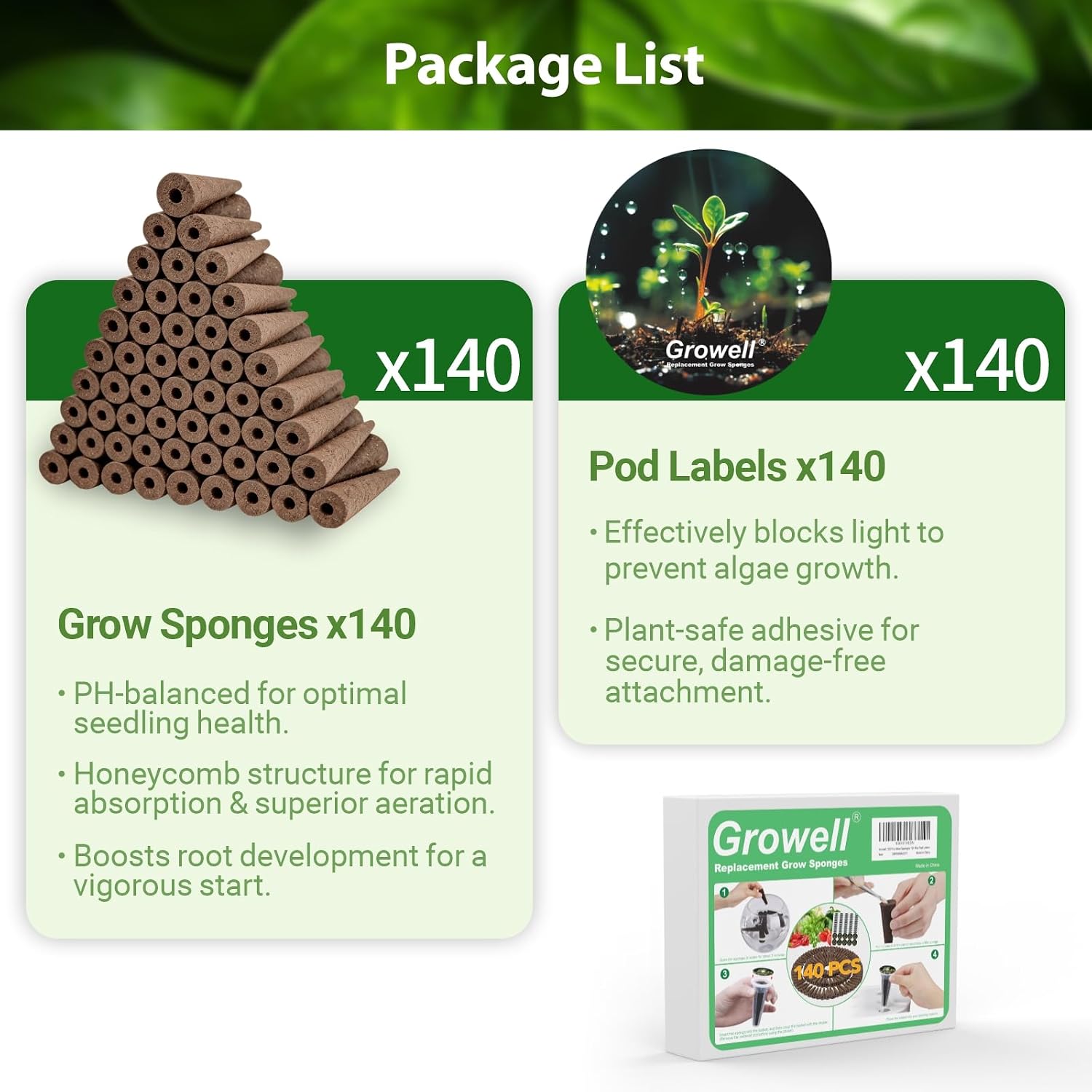 Growell 280Pcs Hydroponic Pods Kit, Seed Starter Refill for Indoor Garden | 140 Grow Sponges & 140 Pod Labels