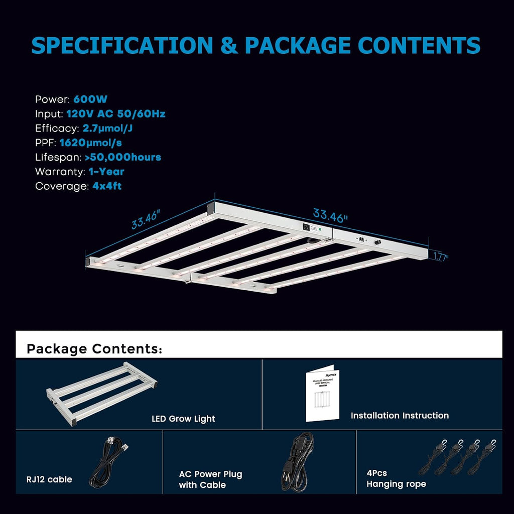 600W LED Grow Lights for Indoor Plants Full Spectrum, Foldable Growing Lamp, 4x4ft Coverage, 6 Bar Diodes Dimmable